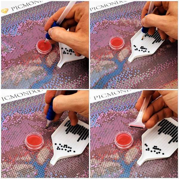 Diamond Painting Set Notizbuch mit Steinchen, Applikator-Stift, Wachs und Sortierschale bei der kreativen Anwendung