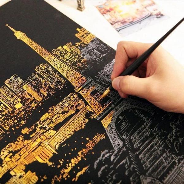 Scratch Painting Set mit goldenem Eiffelturm Motiv – kreatives DIY Kunstwerk ähnlich wie Malen nach Zahlen für Erwachsene