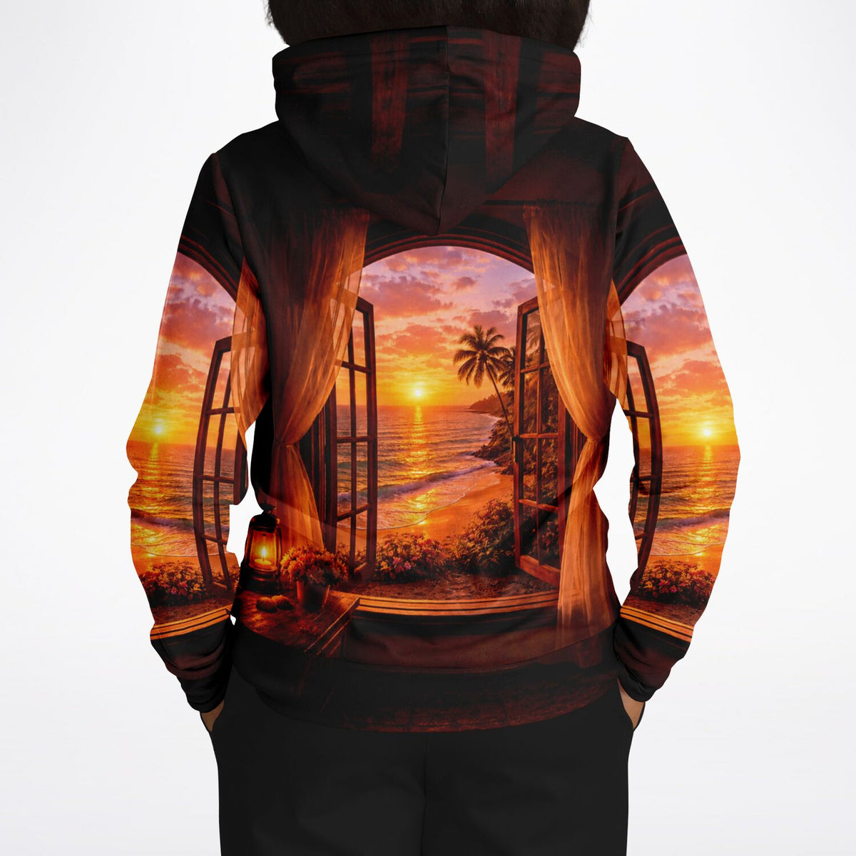 Dreamer Hoodie Goldene Stille mit tropischem Meerblick bei Sonnenuntergang als ästhetischer Allover-Print