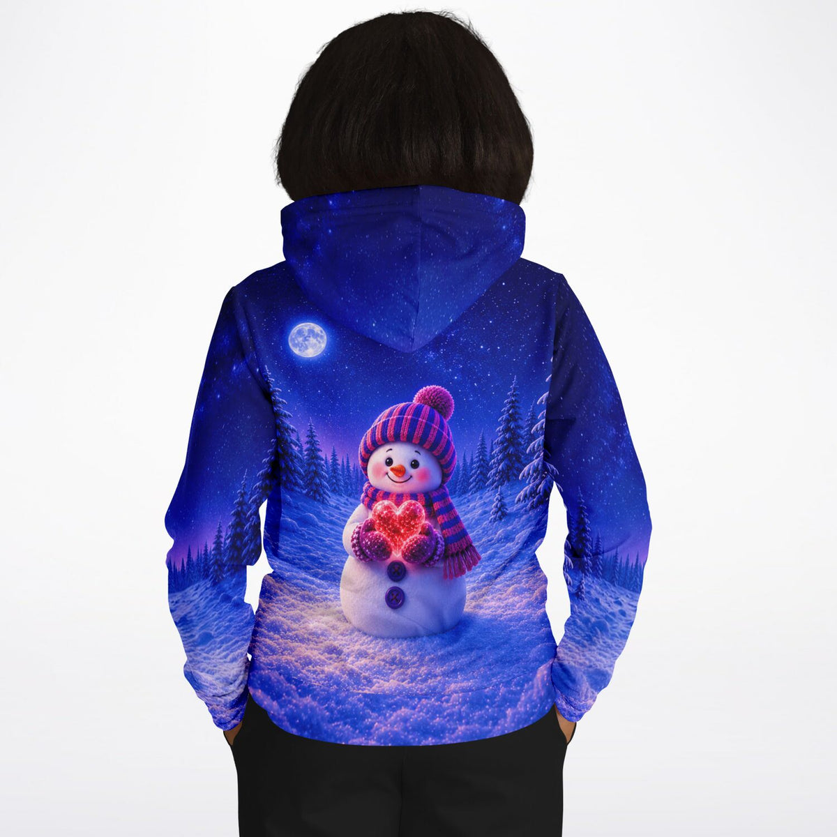 Dreamer Hoodie Winterherz mit Schneemann-Motiv in blauem Sternenhimmel, passend zum Stil von Malen nach Zahlen Motiven