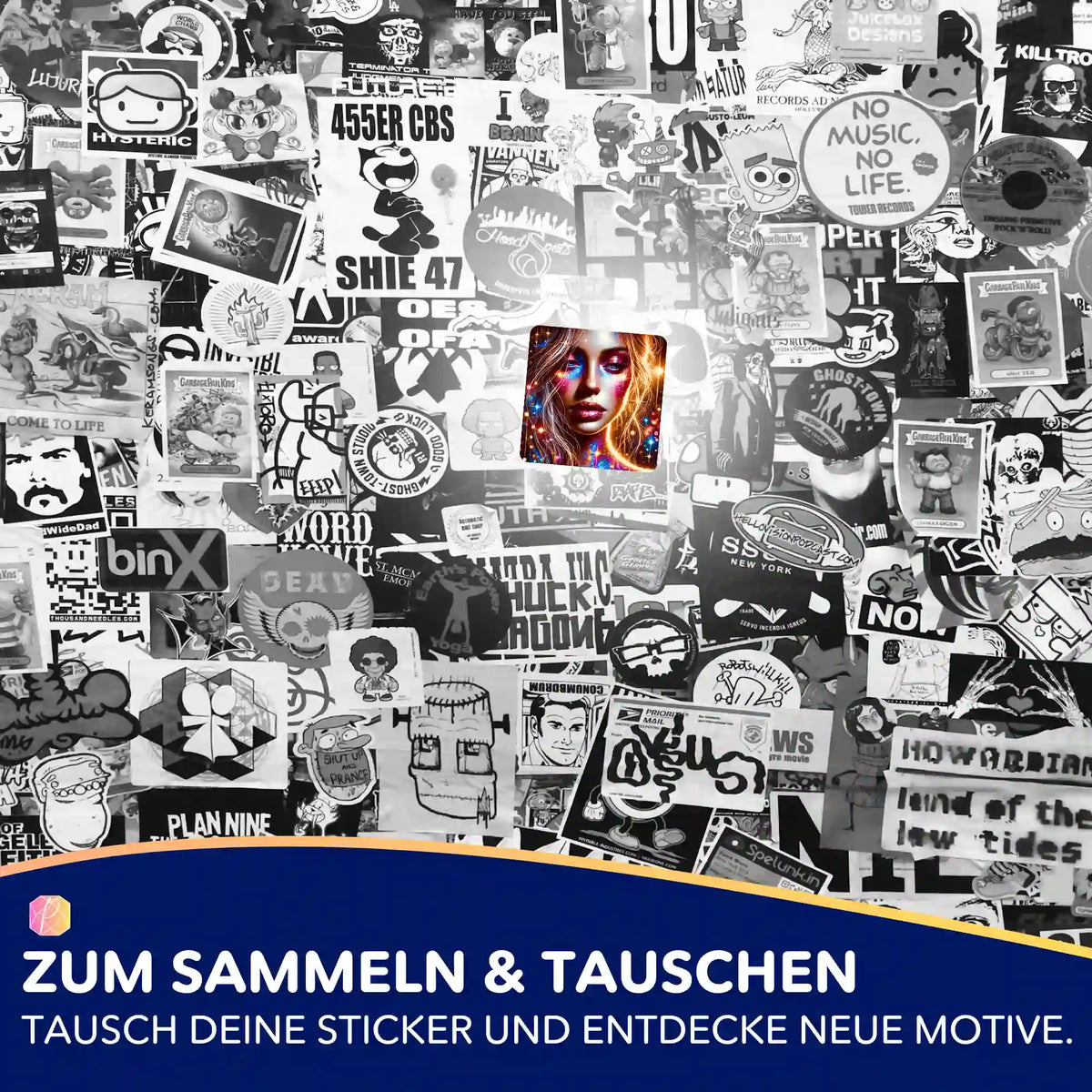 Farbenfroher Elara-Sticker für Diamond Painting und Malen nach Zahlen Fans im schwarz-weißen Aufkleber-Mix