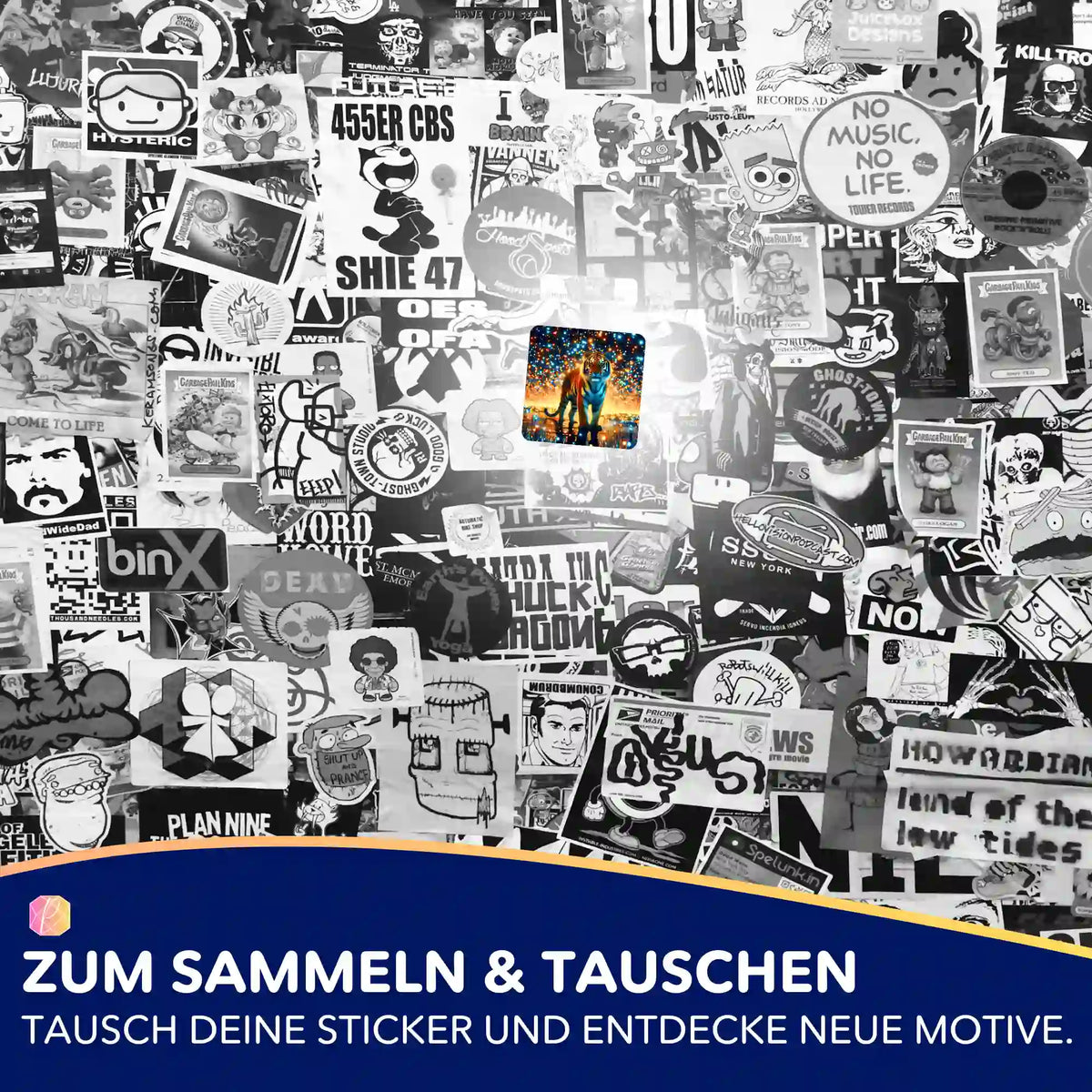 Farbiger Sternenwächter-Sticker als Highlight in einer schwarz-weißen Sticker-Collage für Diamond Painting Fans
