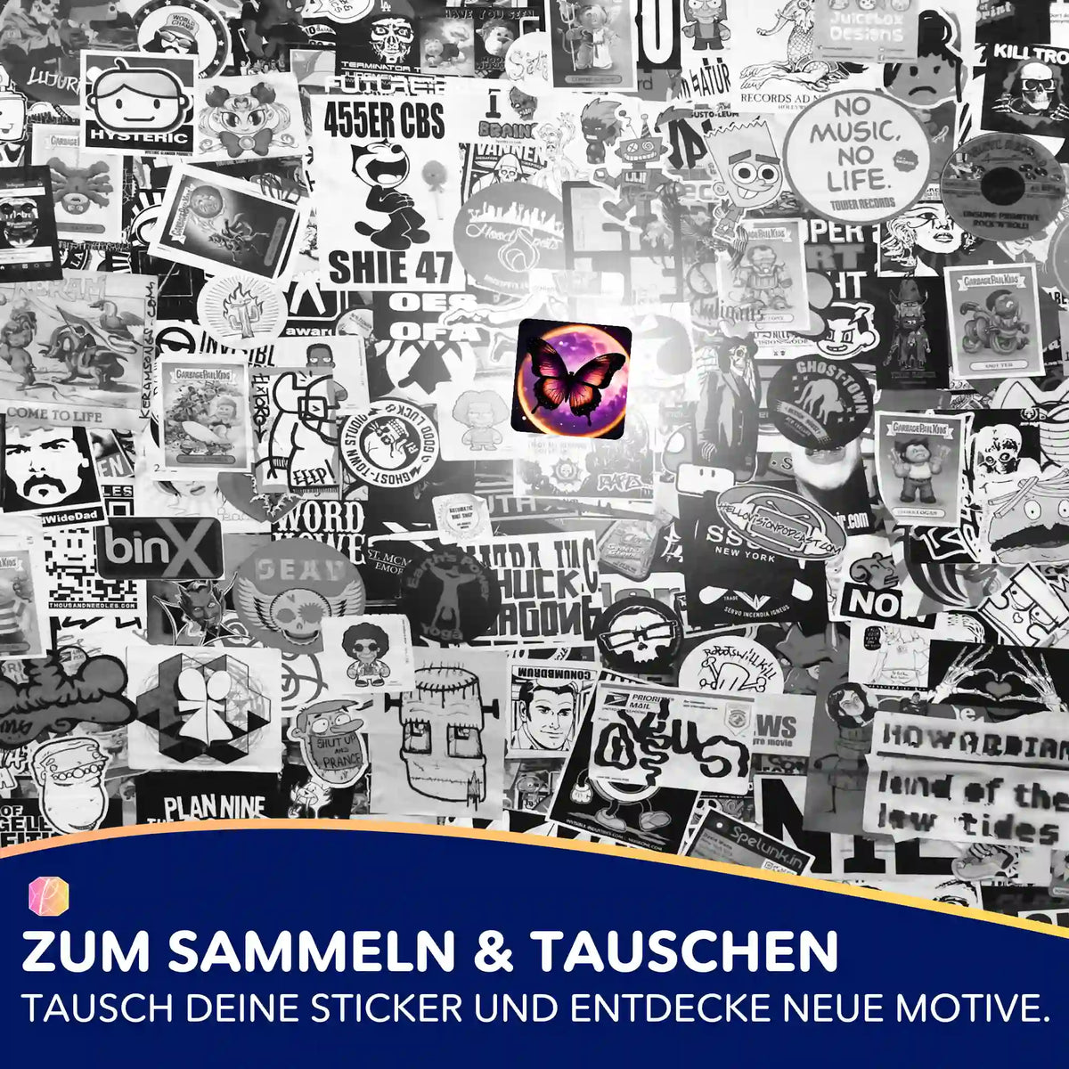 5er-Set Sticker für Diamond Painting Fans mit Purple Moon Schmetterling Motiv auf einer Collage aus verschiedenen Aufklebern