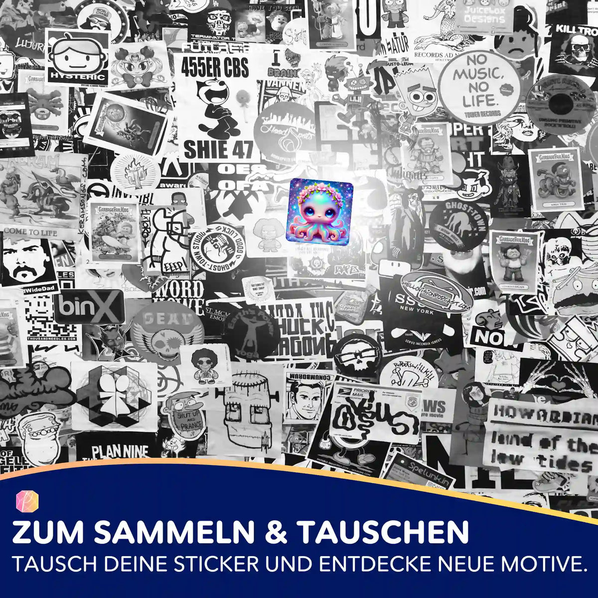 Farbiger Tinty Sticker aus dem Picmondoo Diamond Painting Set vor einer schwarz-weißen Collage aus Aufklebern.