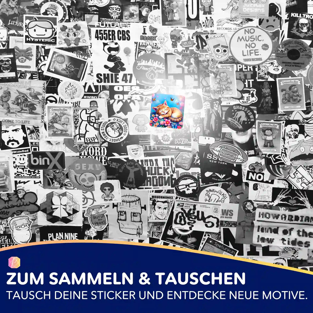 5er-Set Sticker für Diamond Painting Fans mit buntem Katzen-Motiv in einer Collage aus schwarz-weißen Aufklebern