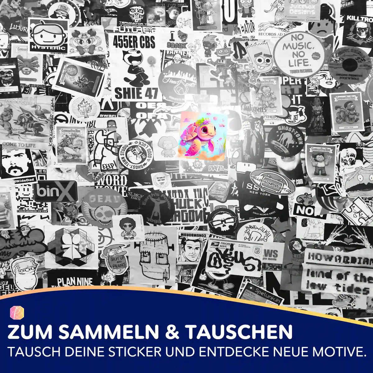 Buntes Schildkrötenmädchen Trudi Sticker für Diamond Painting und Malen nach Zahlen Fans auf einer Sticker-Collage