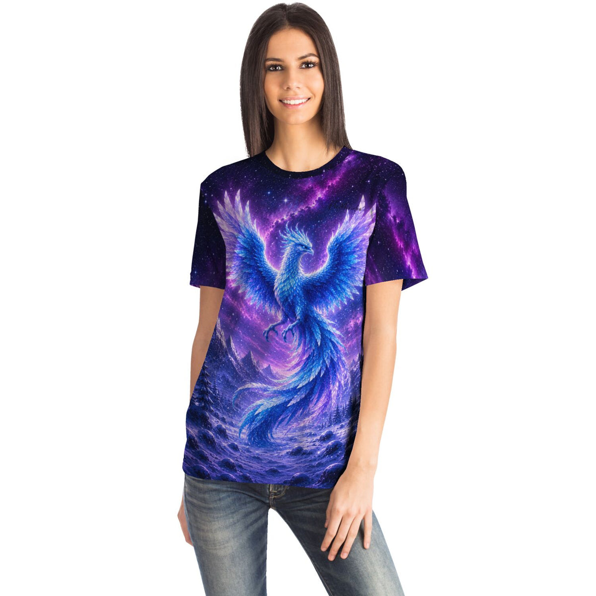Frau trägt Dreamer T-Shirt mit leuchtendem Winterphönix Motiv, ideal für Fans von Malen nach Zahlen und Diamond Painting