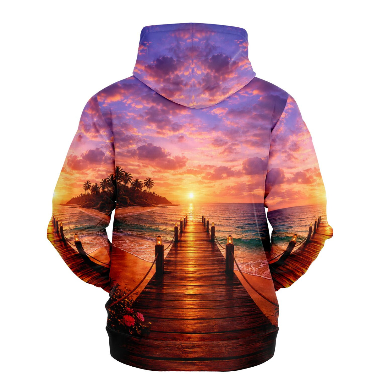 Dreamer Hoodie mit tropischem Sonnenuntergang, Steg am Meer und Palmen, hochwertiger All-Over-Print für Entspannung