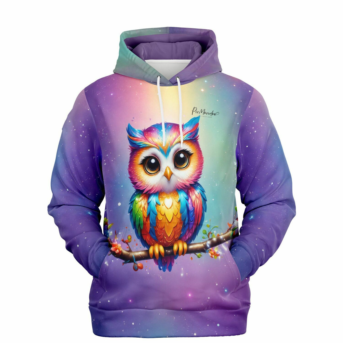 Dreamer Hoodie mit Eule Fridolin, buntes Eulen-Motiv im Stil von Diamond Painting auf violettem Galaxie-Hintergrund