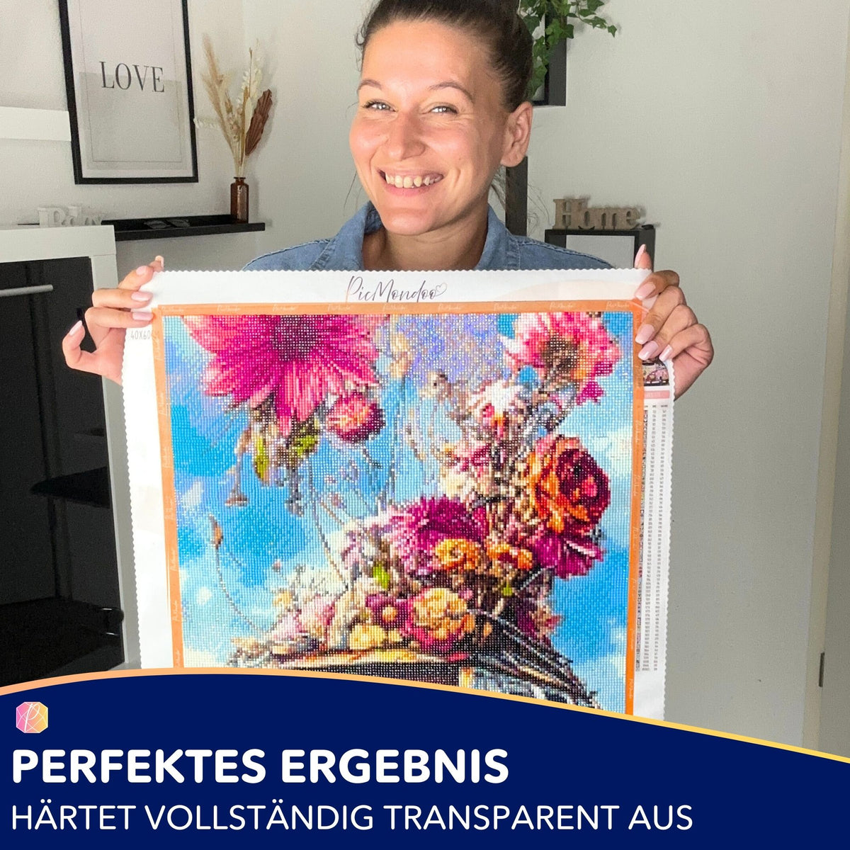 Glänzendes Diamond Painting Blumenmotiv, versiegelt mit Picmondoo Diamond Painting Versiegelung für optimalen Halt
