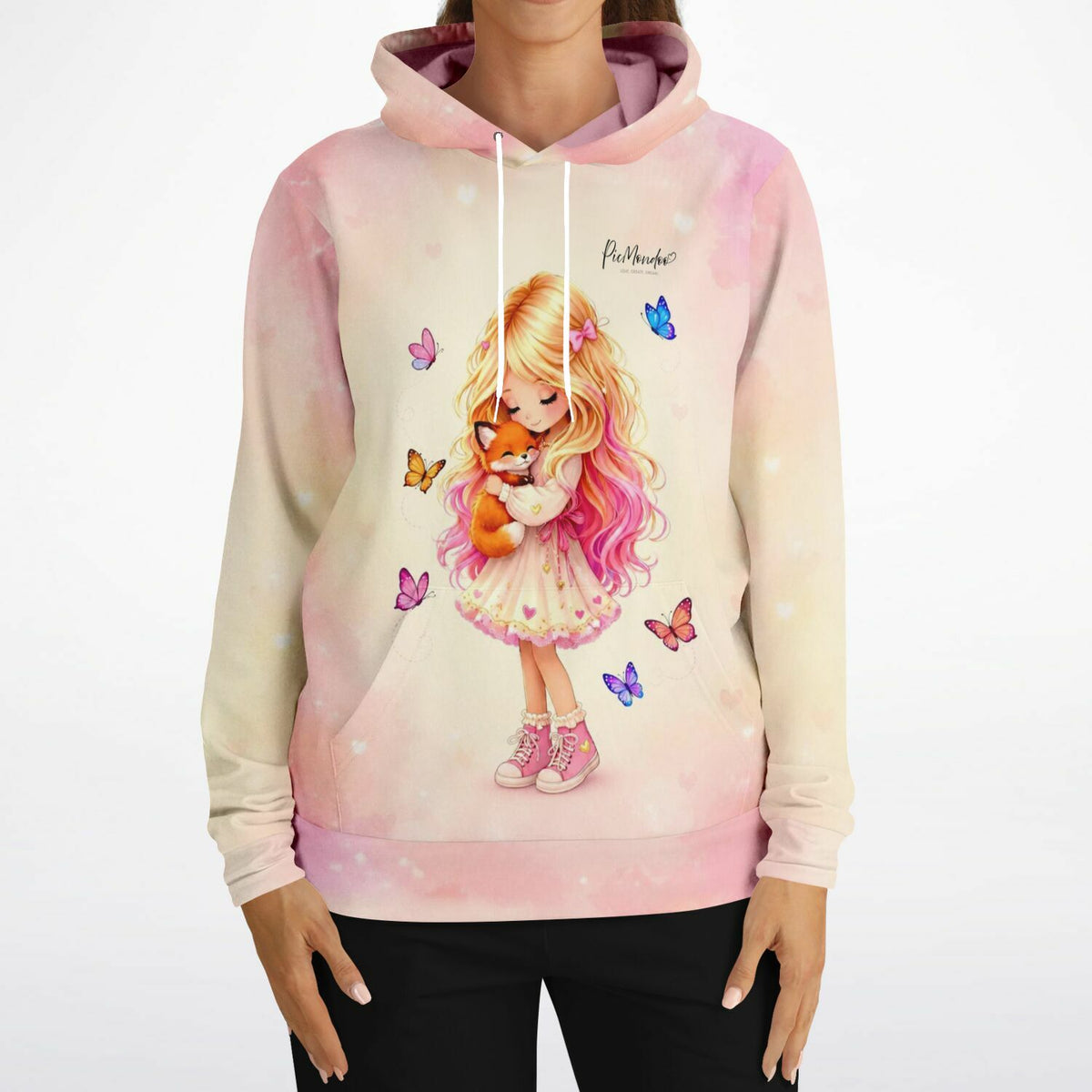 Dreamer Hoodie Geborgenheit mit süßem Mädchen, Fuchs und Schmetterlingen im beliebten pacmondoo.comsign