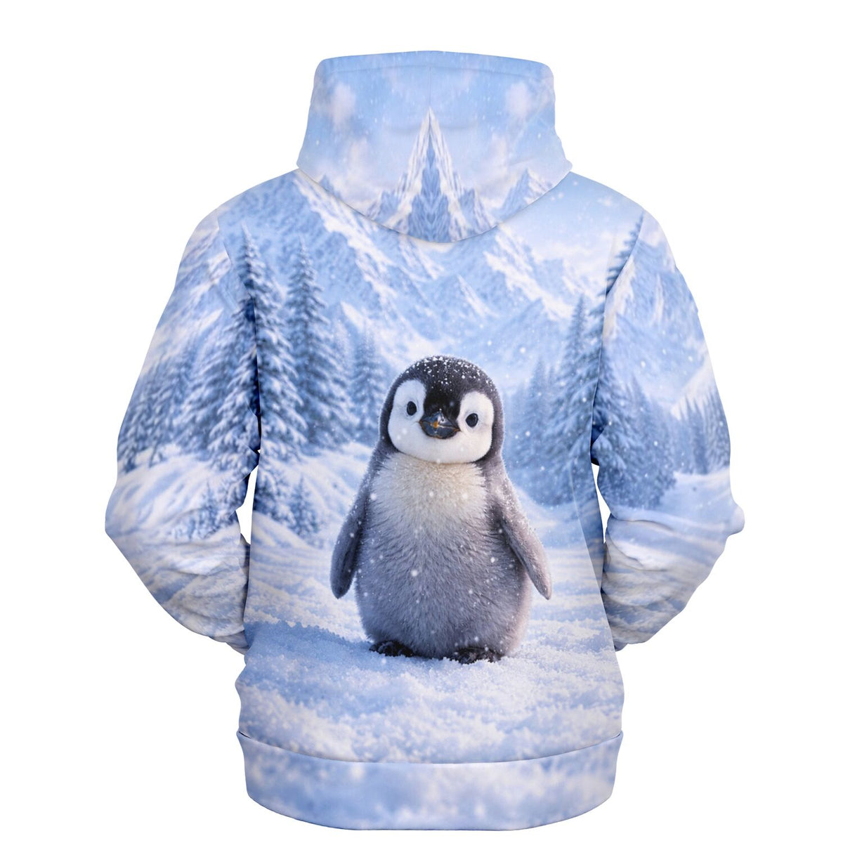 Dreamer Hoodie Winterpieps mit Pinguin-Motiv vor verschneiter Berglandschaft im Stil von Diamond Painting Designs