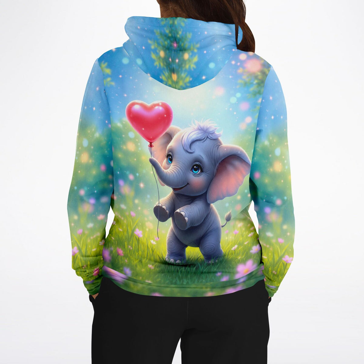 Dreamer Hoodie mit niedlichem Elefanten-Motiv und Herz-Luftballon im Stil beliebter Diamond Painting Kunstwerke