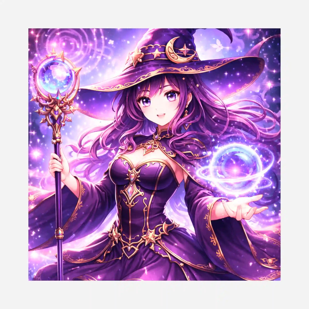 Diamond Painting Silikonpapier Celestara: Magische Anime-Hexe in Lila mit leuchtendem Zauberstab.
