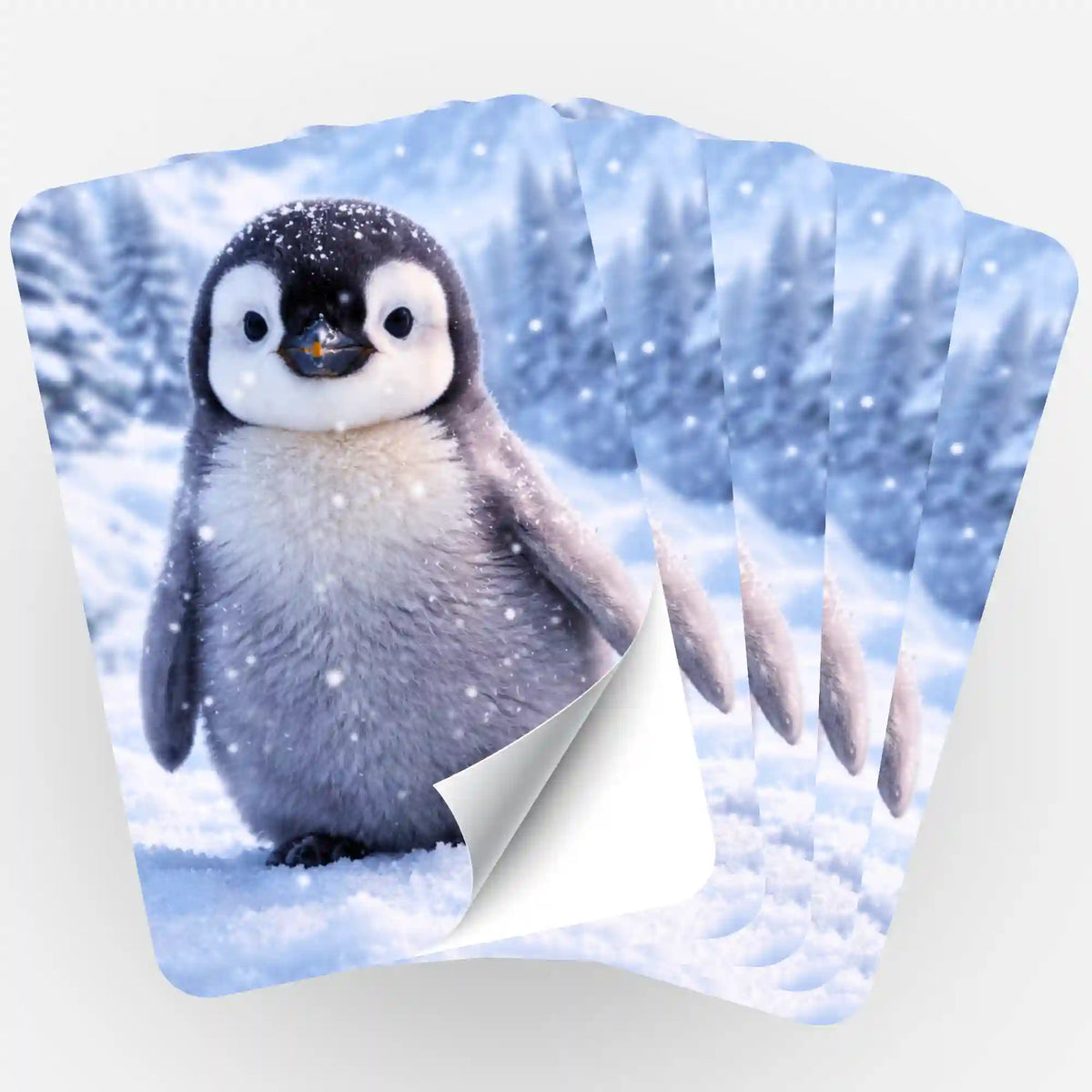Fünf Picmondoo Aufkleber mit Winterpieps Pinguin-Motiv zur Organisation von Diamond Painting und Malen nach Zahlen Sets.
