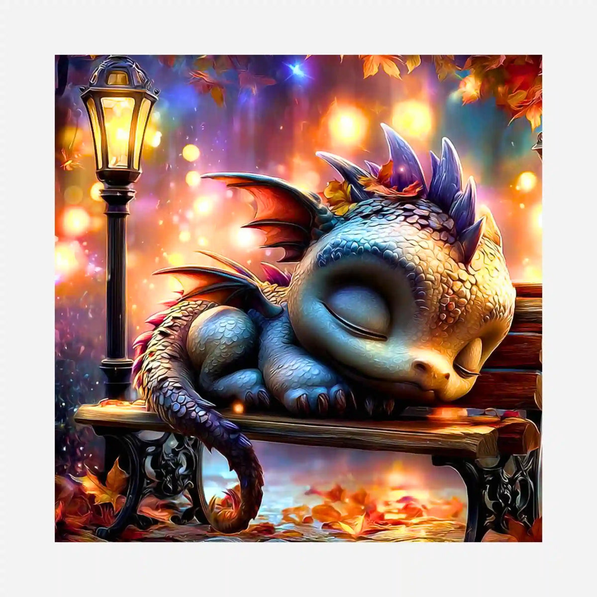 Diamond Painting Silikonpapier Lumos Schlummer: Schlafender Baby-Drache auf Parkbank bei Laternenlicht