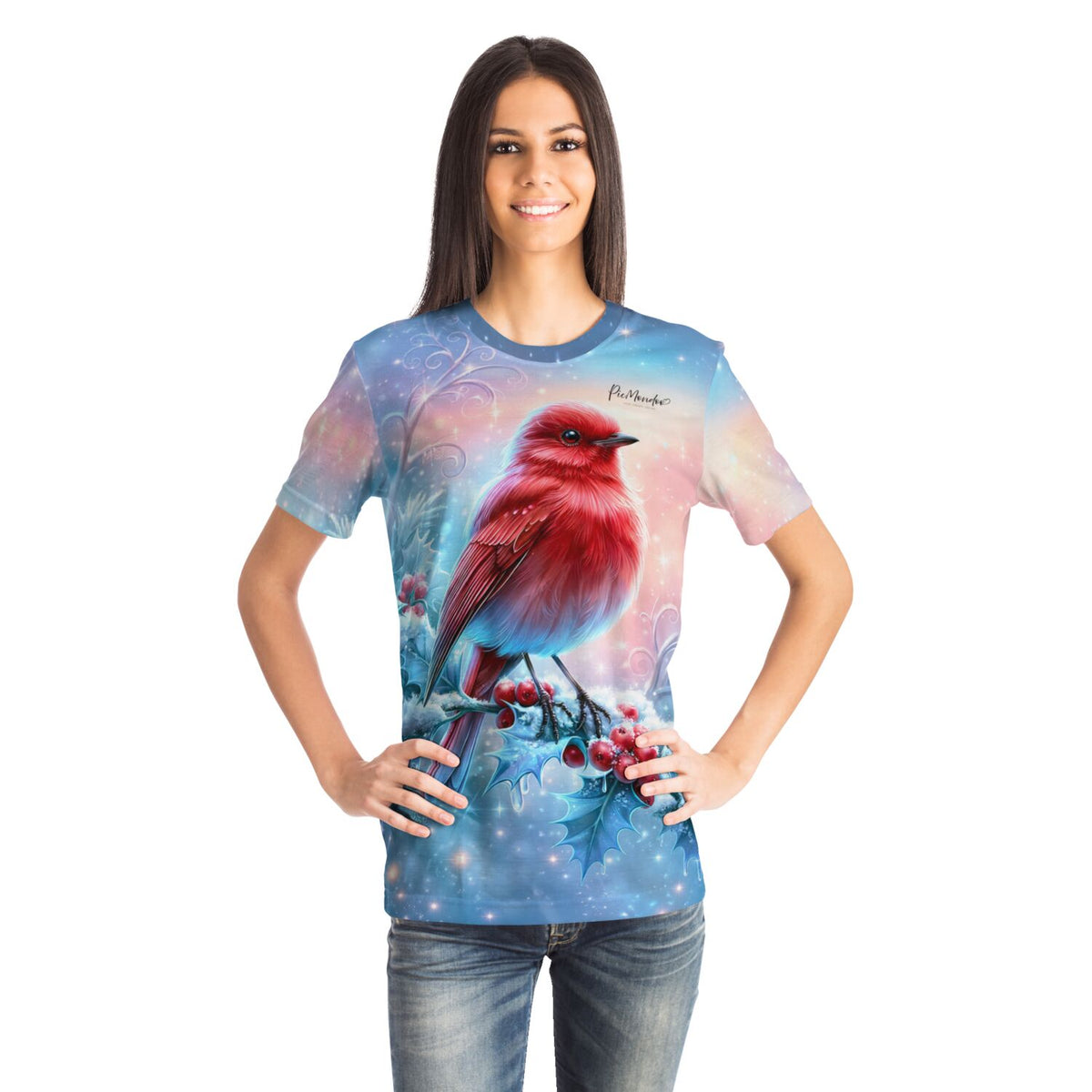 Frau trägt Dreamer T-Shirt mit rotem Vogelmotiv, passend zu winterlichen Diamond Painting und Malen nach Zahlen Designs.