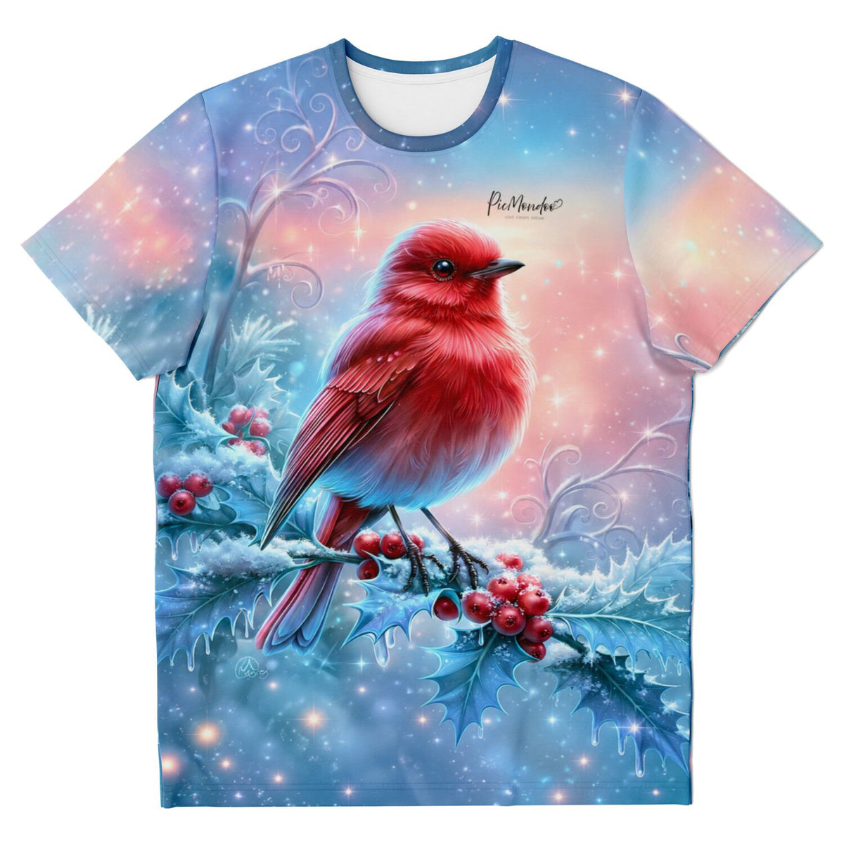 T-Shirt mit rotem Vogel im Frost-Design, inspiriert von Diamond Painting und Malen nach Zahlen Motiven für Erwachsene.