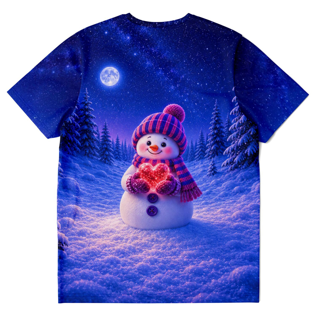 T-Shirt Winterherz mit Schneemann Motiv, inspiriert von Diamond Painting und Malen nach Zahlen Kunstwerken.