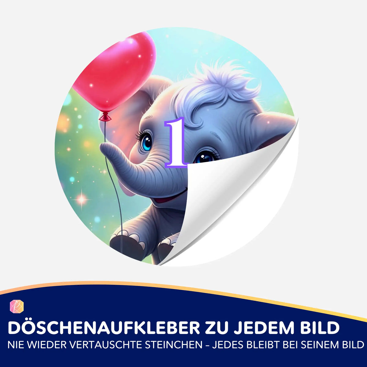 Runder Döschenaufkleber mit Elefanten-Motiv und Zahl 1 für Diamond Painting Zubehör zur Ordnung der Steinchen.