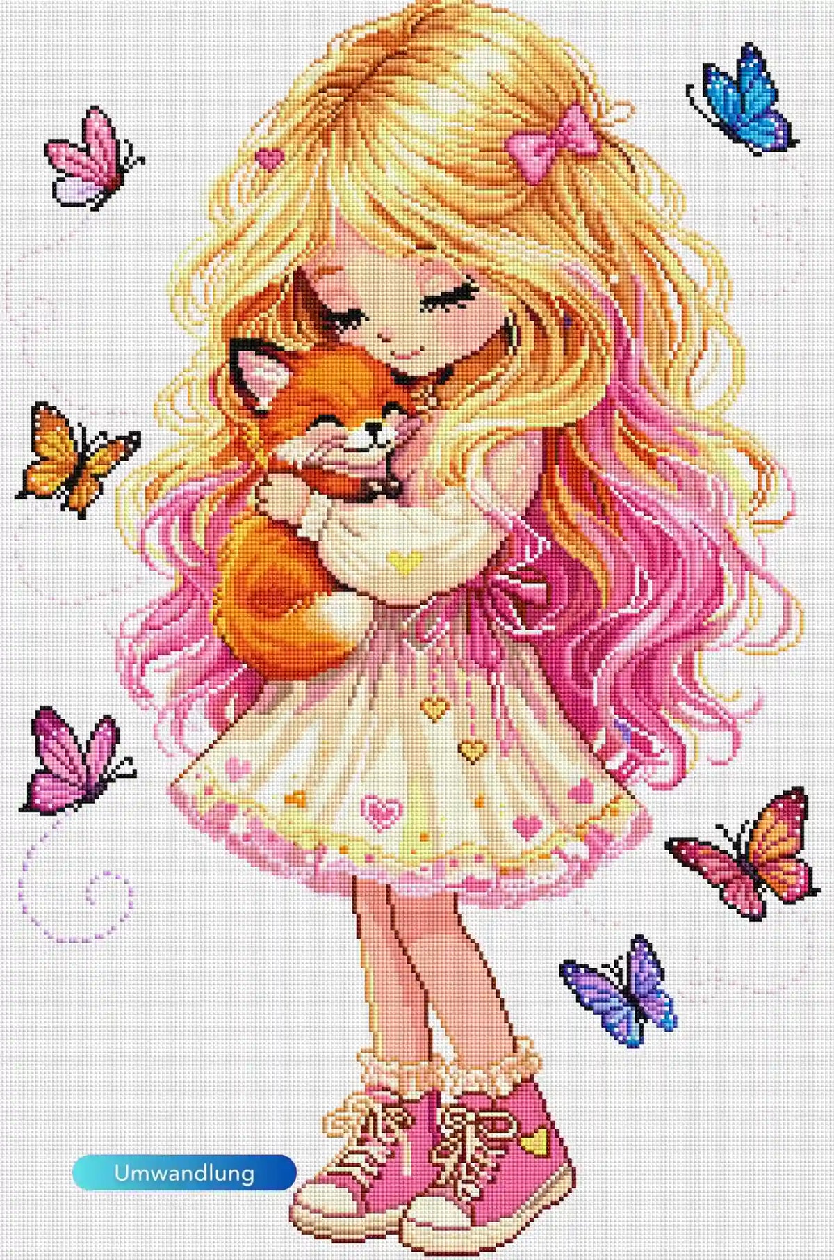 Diamond Painting Set Geborgenheit: Mädchen mit Fuchs, rosa Haaren und bunten Schmetterlingen in Cartoon-Optik.