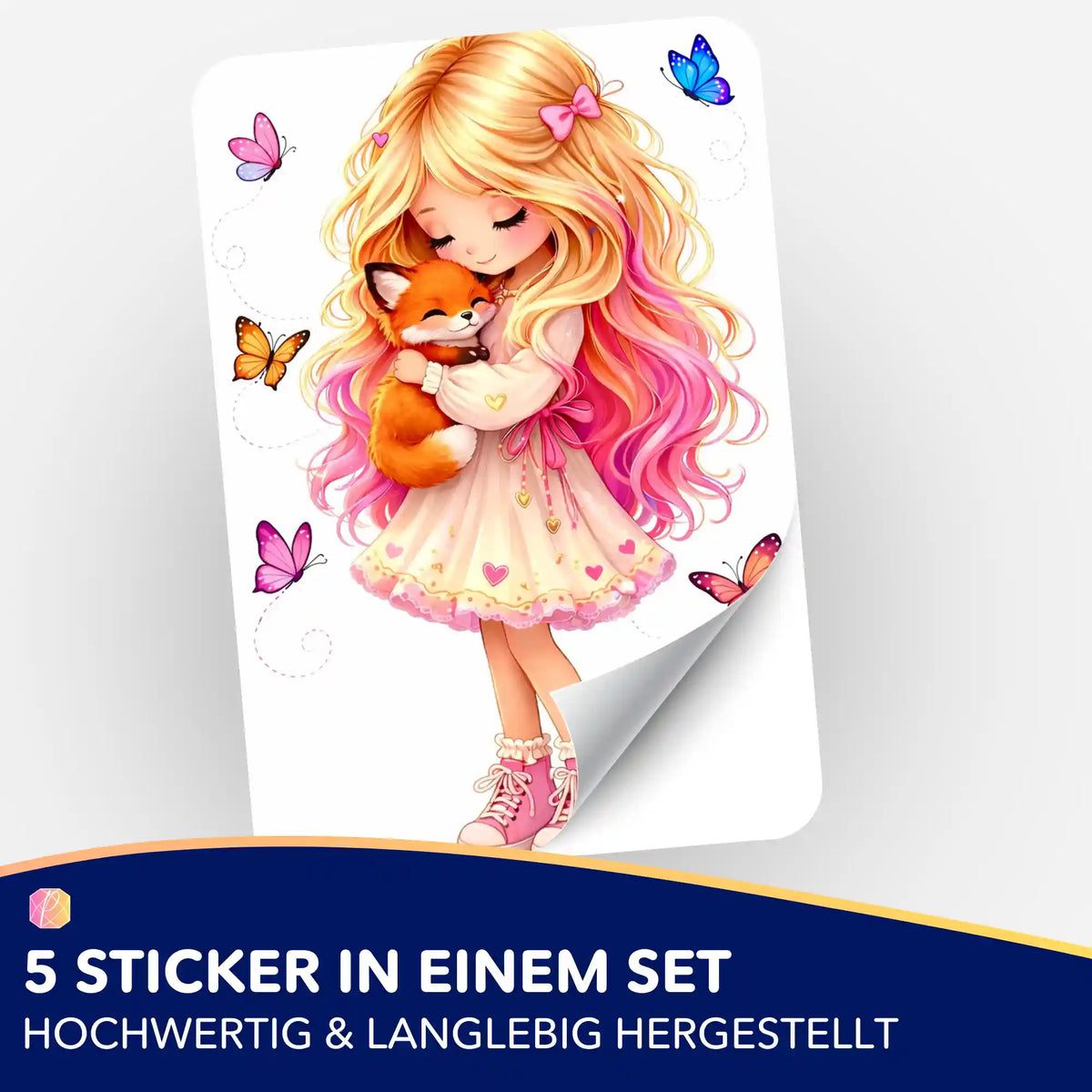 Picmondoo Aufkleber-Set Geborgenheit für Diamond Painting Fans mit Mädchen, Fuchs und bunten Schmetterlingen