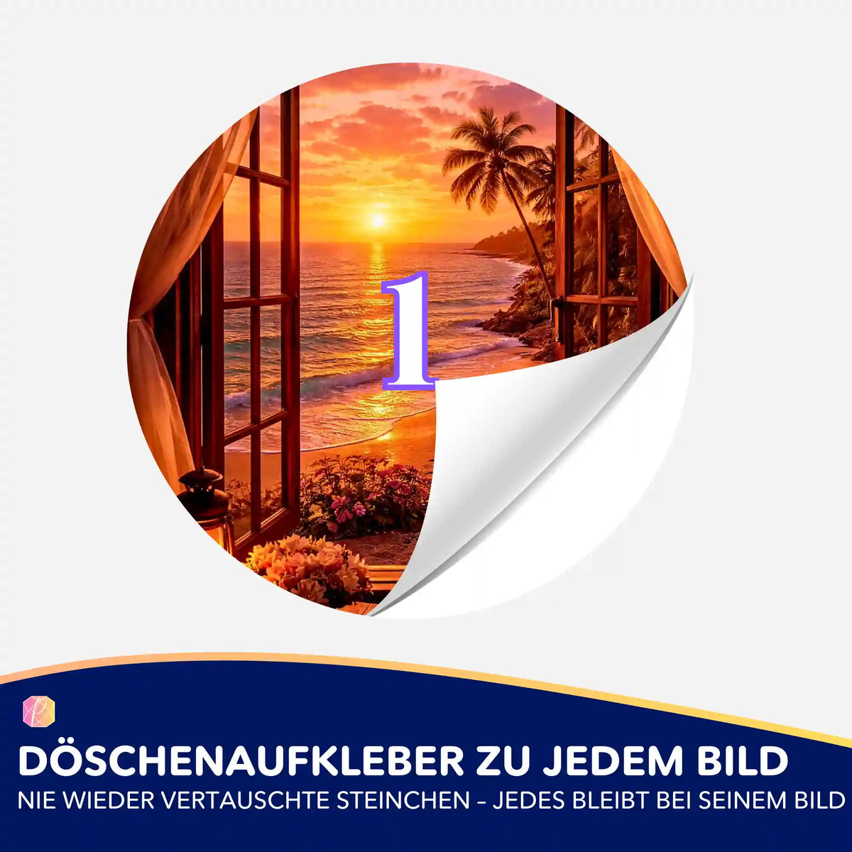 Runder Döschenaufkleber mit Strandmotiv für Diamond Painting Zubehör zur geordneten Aufbewahrung der Diamanten.