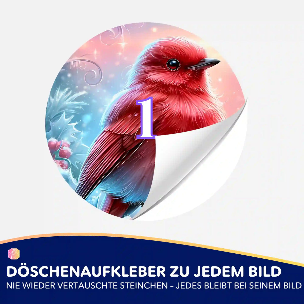 Döschenaufkleber mit rotem Vogel für Diamond Painting Set, ideal zur übersichtlichen Sortierung der Diamanten.