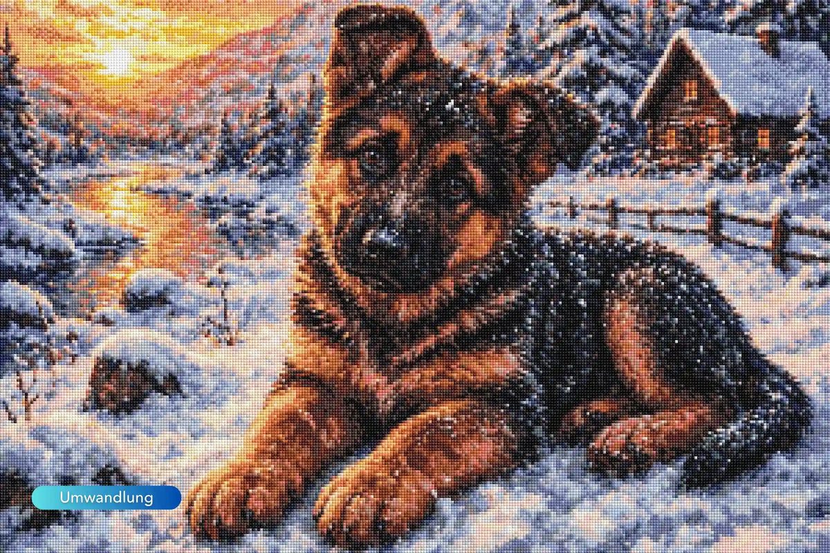 Diamond Painting Schäferhund Welpe im Schnee vor verschneiter Winterlandschaft bei Sonnenuntergang