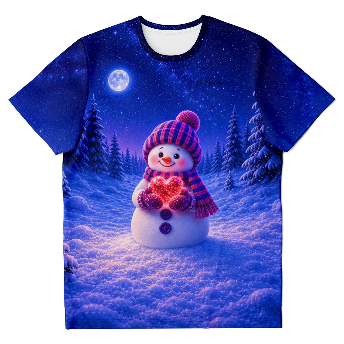 T-Shirt mit Schneemann im Winterwald als Motiv, passend zum Stil beliebter Malen nach Zahlen und Diamond Painting Sets.