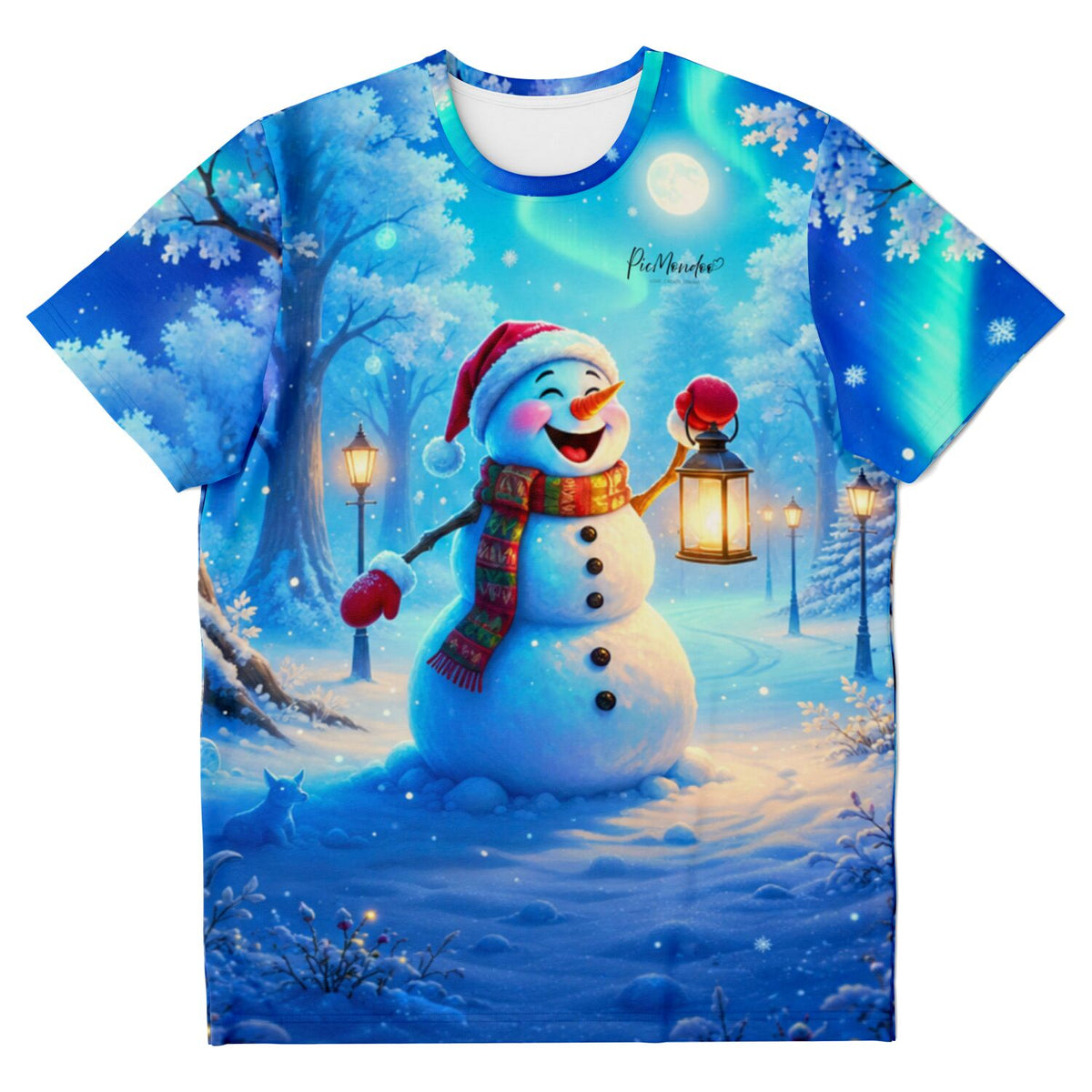 T-Shirt mit Schneemann-Motiv im Stil von Diamond Painting und Malen nach Zahlen Kunstwerken in magischer Winterlandschaft