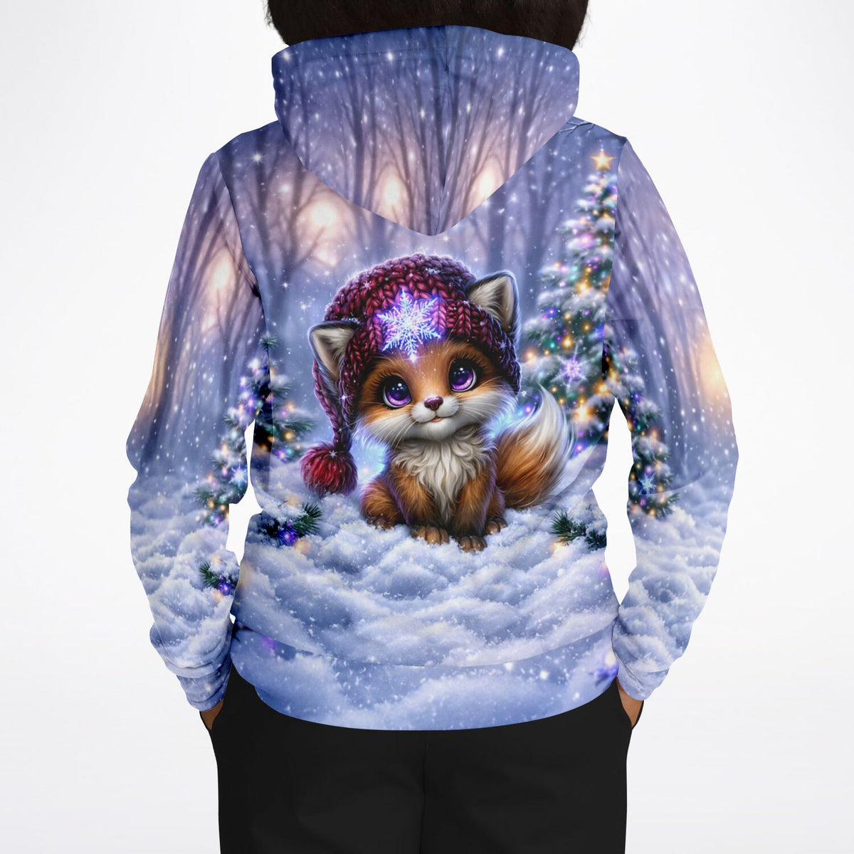 Hoodie mit süßem Fuchs im Winterwald, ideal als Vorlage für Diamond Painting oder Malen nach Zahlen Designs.