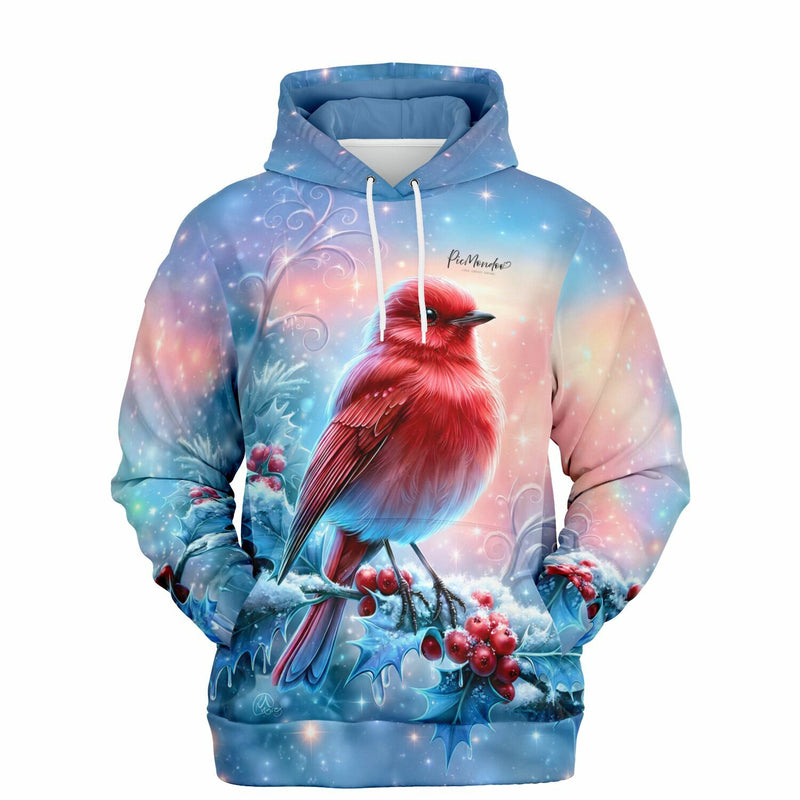 Dreamer Hoodie mit rotem Vogel und Winter-Motiv, inspiriert von Diamond Painting Kunstwerken