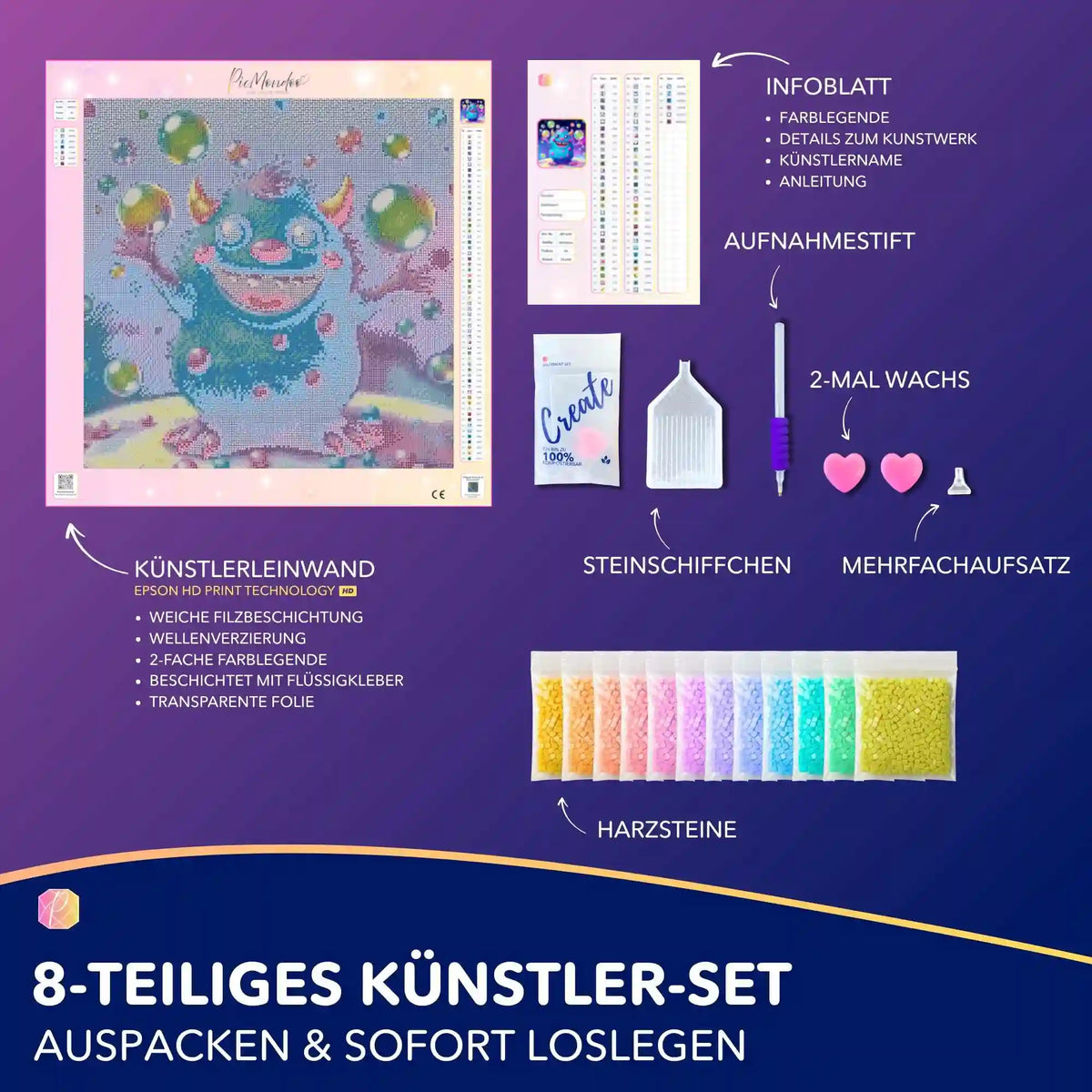 Diamond Painting Set Happy mit buntem Fantasie-Monster, Leinwand, Harzsteinen und Zubehör für kreatives DIY-Basteln.