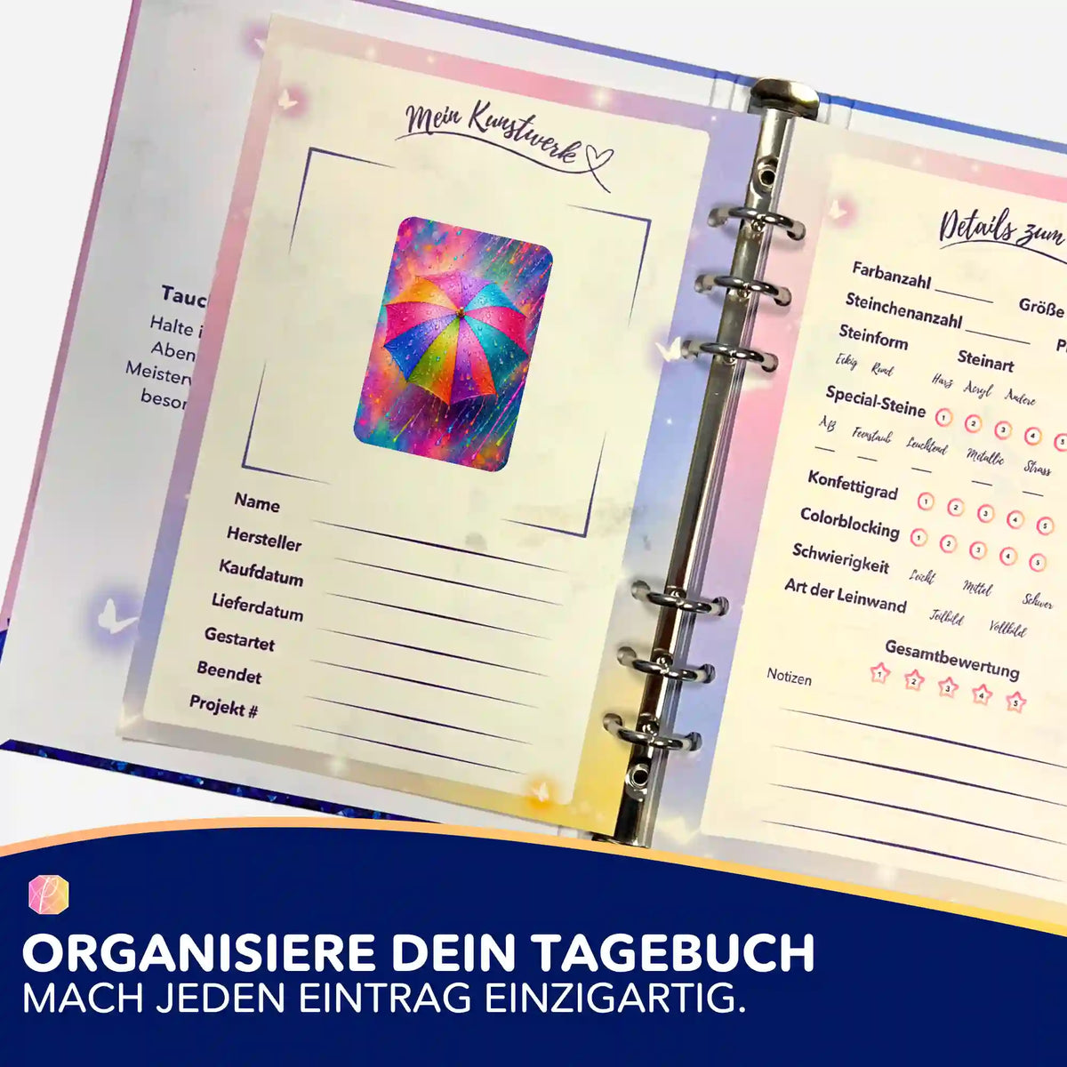 Picmondoo Sticker für Diamond Painting Tagebuch mit buntem Regenschirm-Motiv zur Organisation von Bastelprojekten