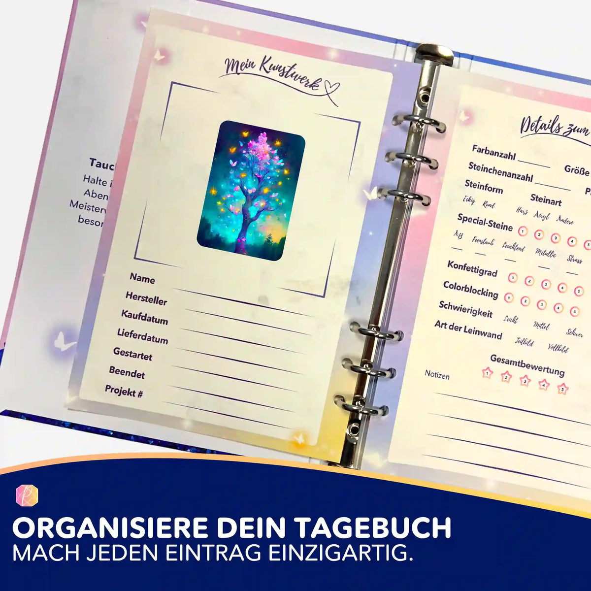 Diamond Painting Aufkleber 5er-Set Schmetterlingsbaum zur Organisation im Basteltagebuch für DIY-Projekte