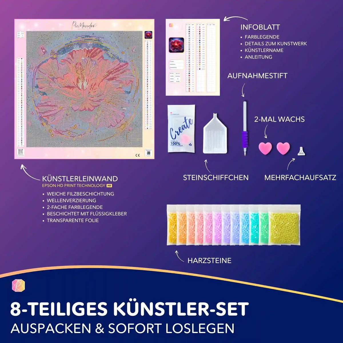 Diamond Painting Set Königin im eigenen Licht mit Hibiskus-Motiv, Zubehör, Leinwand und bunten Diamanten für Erwachsene.