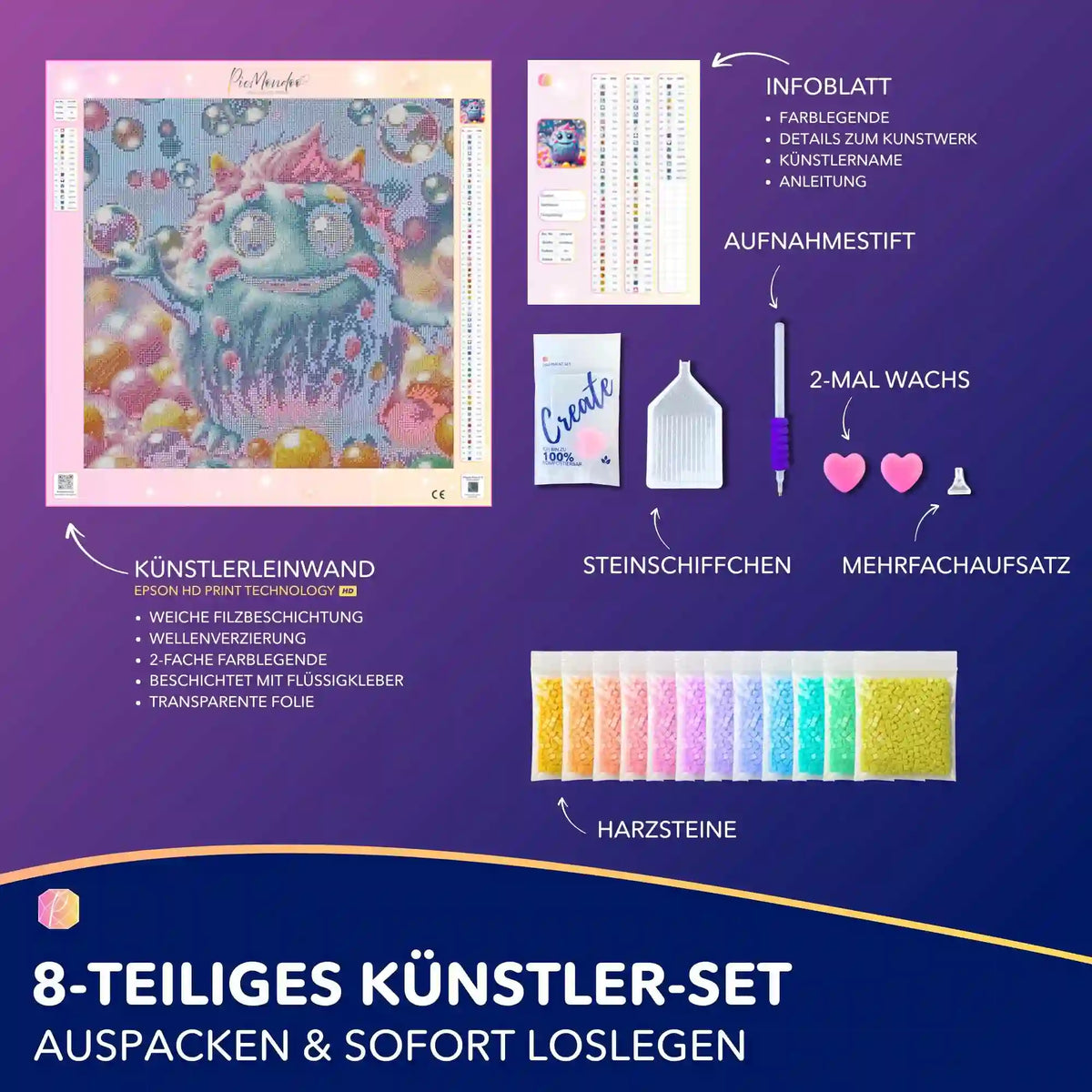 Diamond Painting Set Muffti: Komplettes DIY-Bastelset mit Leinwand, bunten Harzsteinen und Werkzeug für kreative Bastelfreunde.