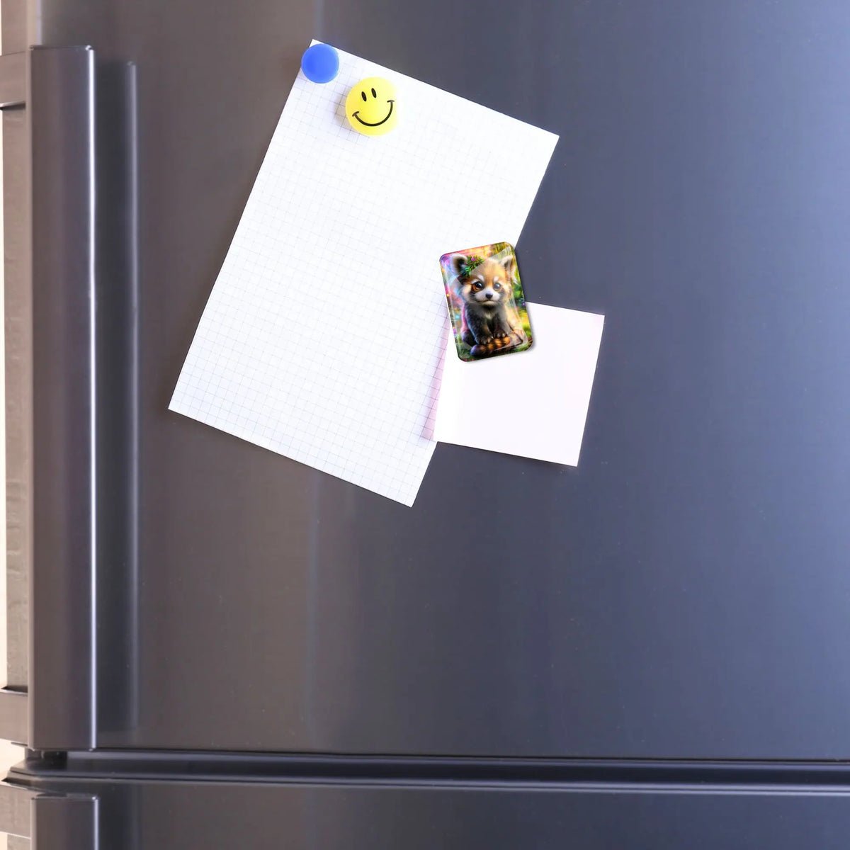 Magischer Cover Minder mit Rotem Panda Motiv als praktisches Zubehör für Diamond Painting und Bastelsets am Kühlschrank.