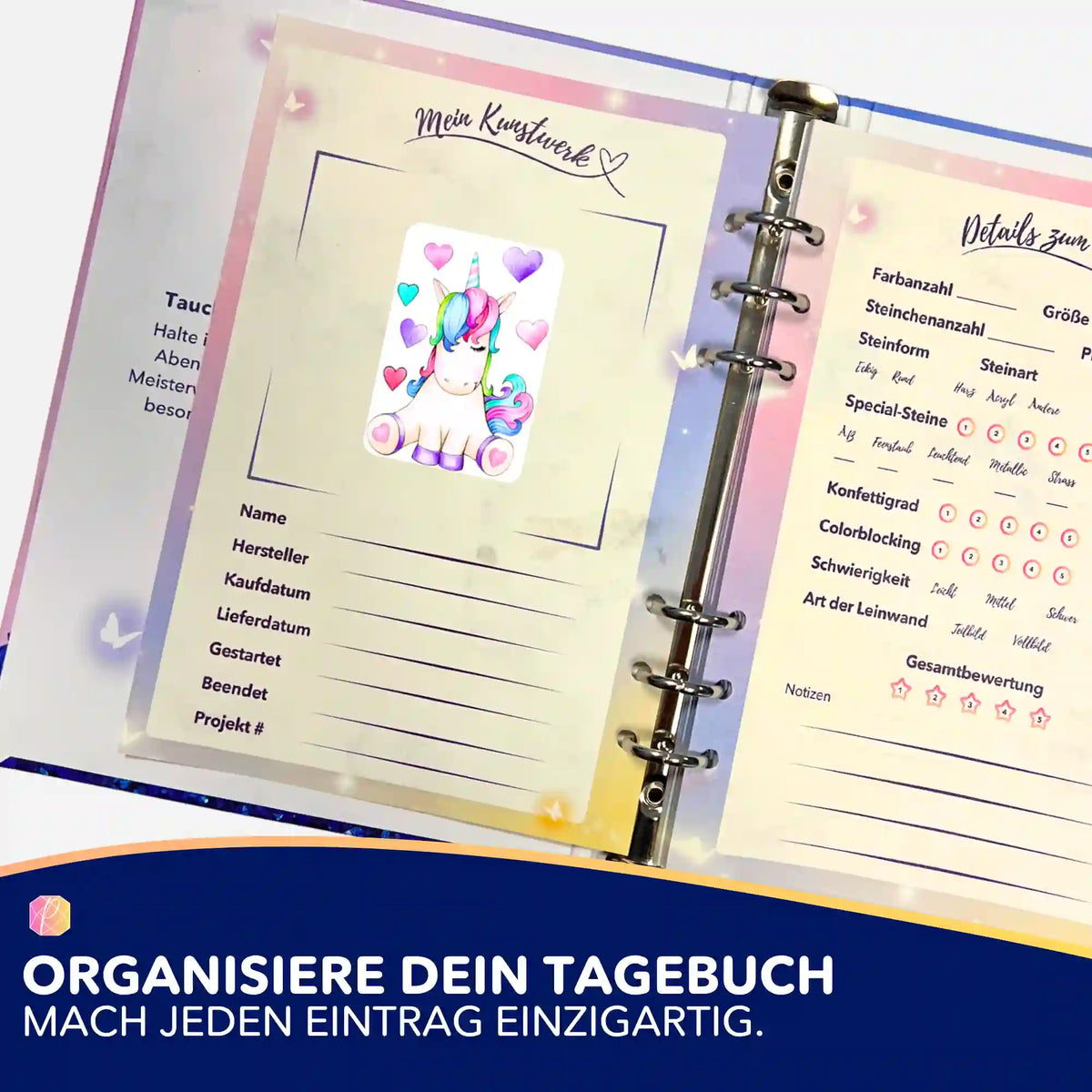 Bunter Einhorn-Sticker in einem Diamond Painting Tagebuch zur Organisation von Kunstwerken und DIY-Sets
