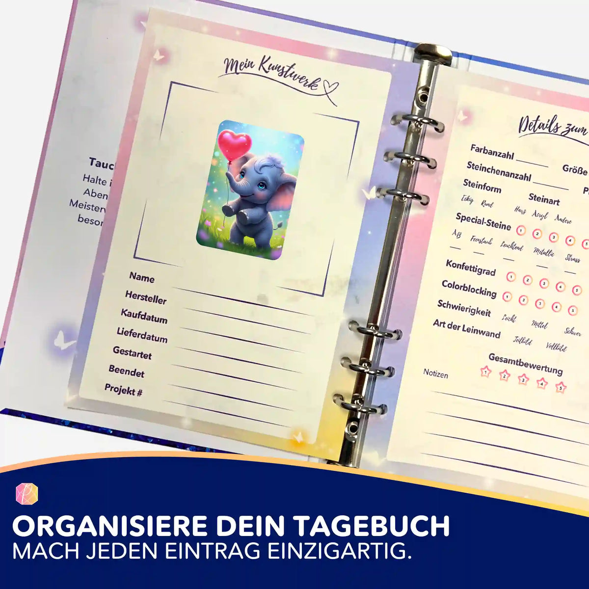 Picmondoo Diamond Painting Tagebuch mit Elefanten-Sticker zur Organisation deiner Diamanten Painting Kunstwerke