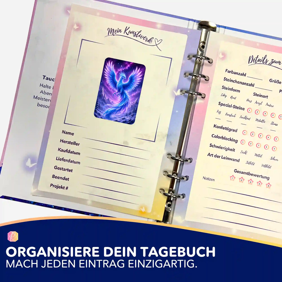 Diamond Painting Planer mit Winterphönix Aufkleber zur Organisation von Malen nach Zahlen und Diamond Painting Projekten