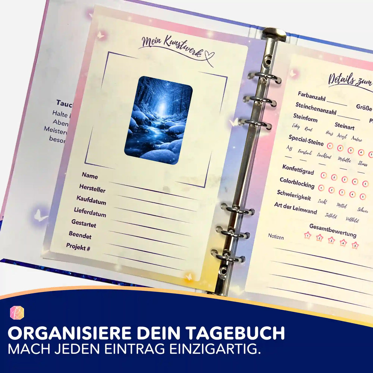 Picmondoo Sticker für Diamond Painting Tagebuch mit Motiv Der Weg durch die Stille zur Organisation von DIY-Kunstwerken