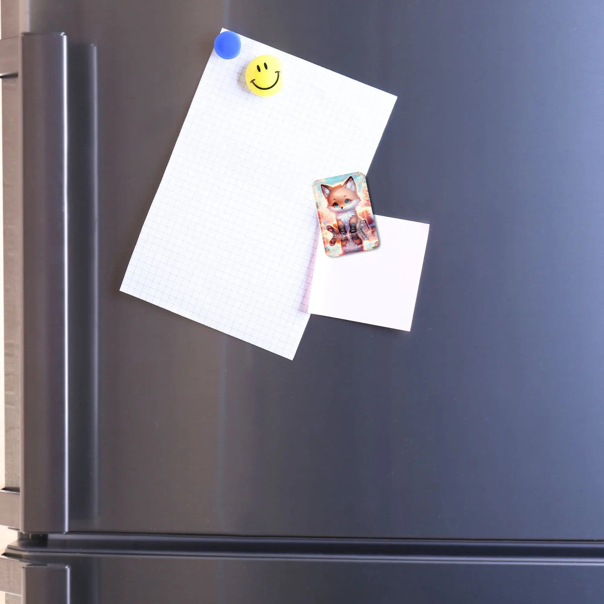 Fuchs-Coverminder aus Glas als nützliches Accessoire für Diamond Painting auf einem Kühlschrank magnetisch befestigt.