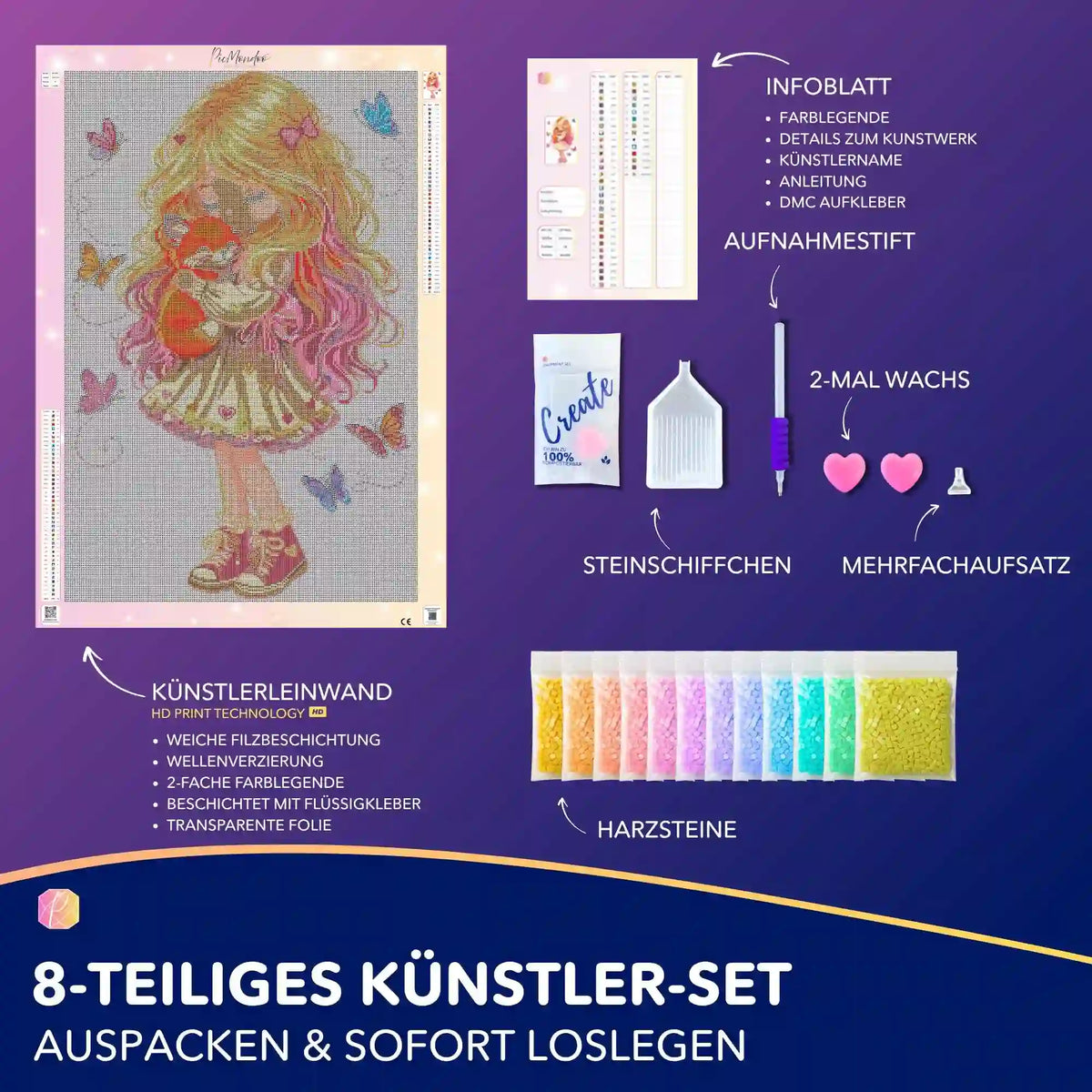 Diamond Painting Set Geborgenheit: Mädchen mit Fuchs und Schmetterlingen inkl. Leinwand, Harzsteinen und Zubehör.