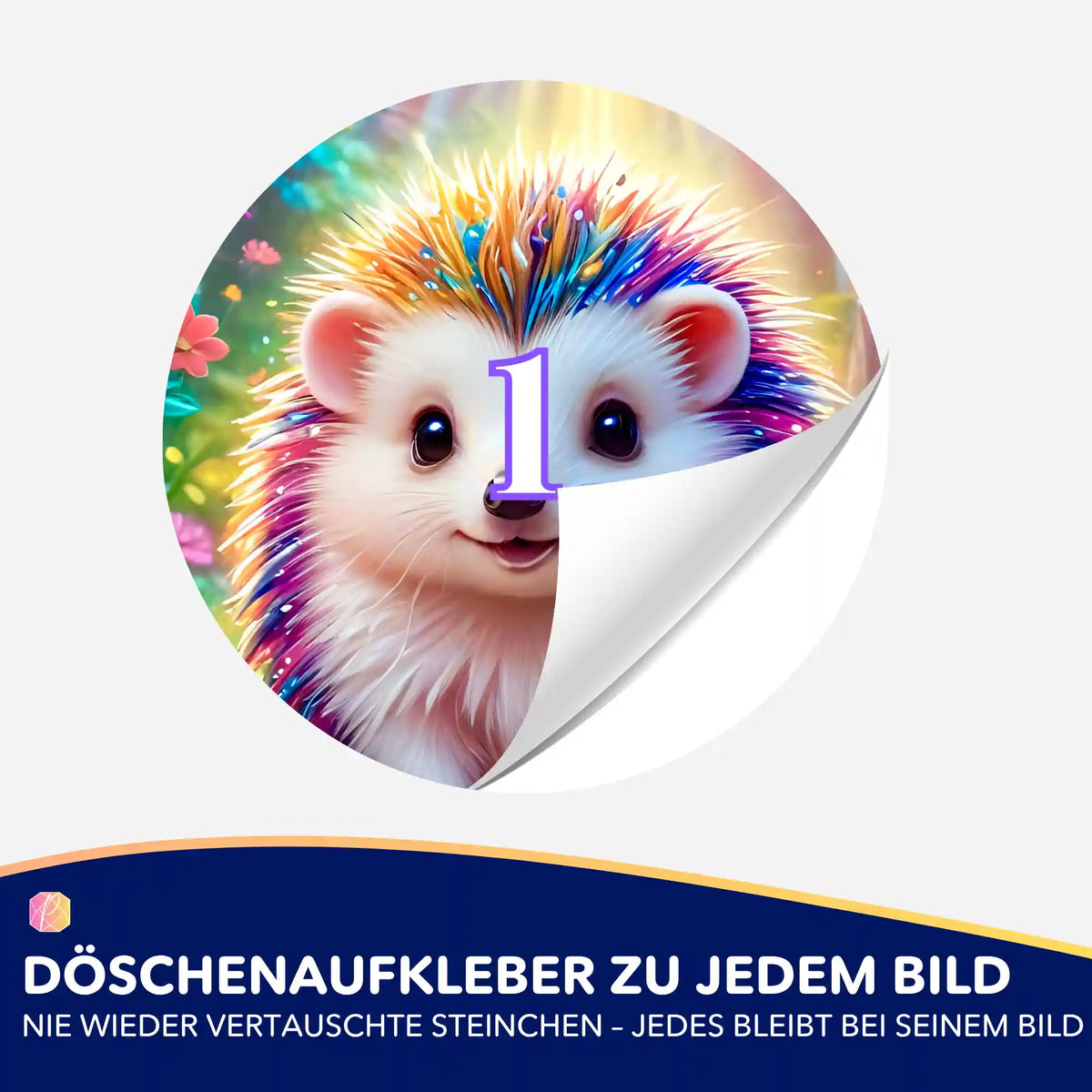 Bunter Igel Döschenaufkleber mit Nummer 1 für Diamond Painting Zubehör zur Ordnung deiner Diamanten Steinchen.