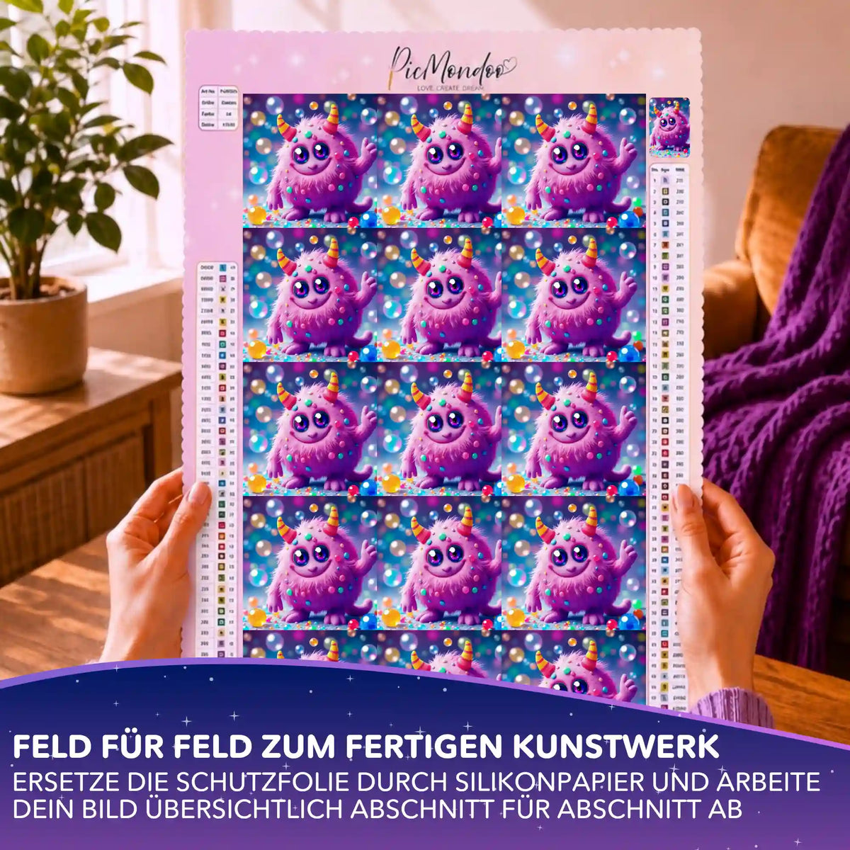 Picmondoo Silikonpapier-Set Rolli auf Diamond Painting Leinwand mit rosa Monster-Motiv in 10x10cm Feldern