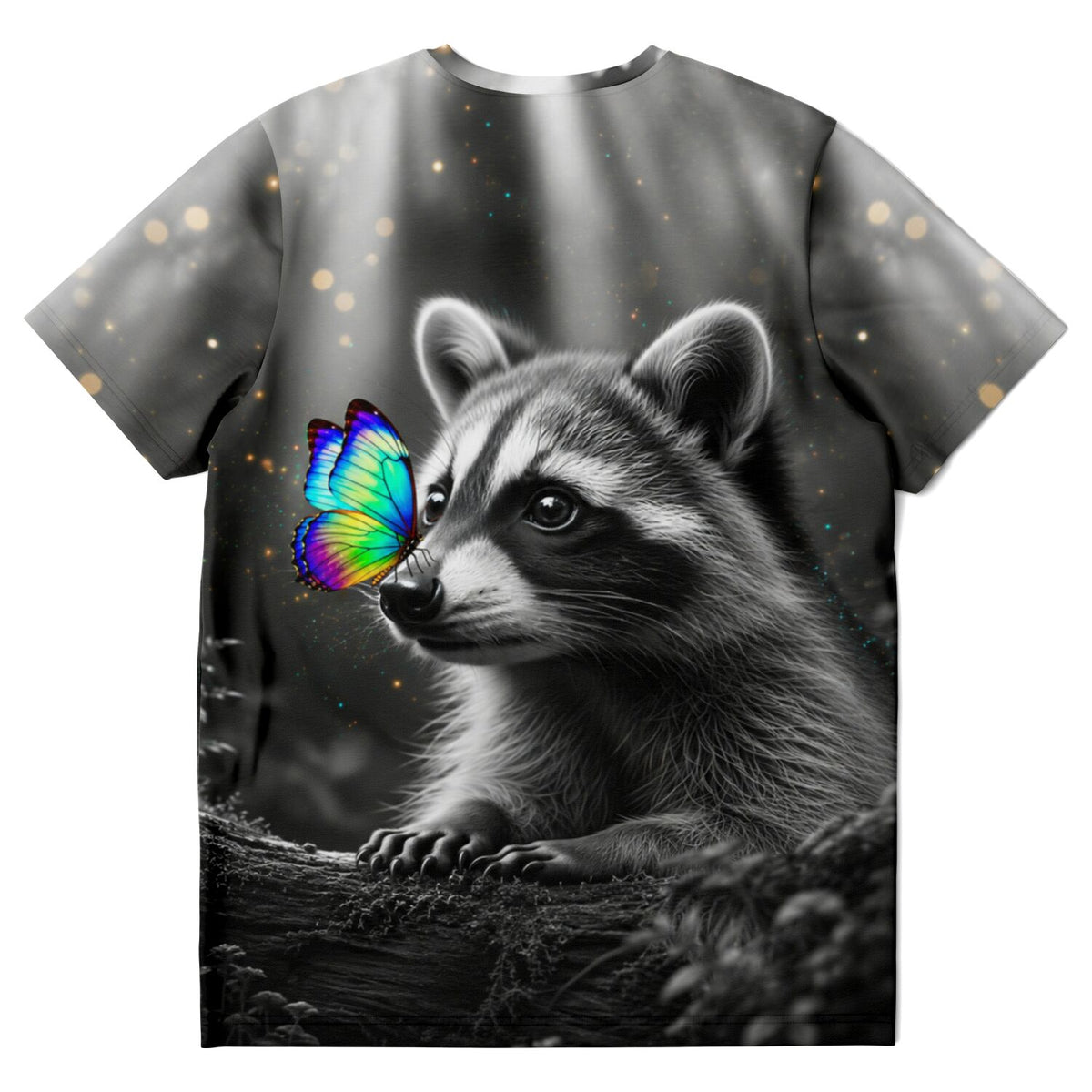 Dreamer T-Shirt mit Waschbär-Motiv und buntem Schmetterling, inspiriert durch Diamond Painting und Malen nach Zahlen