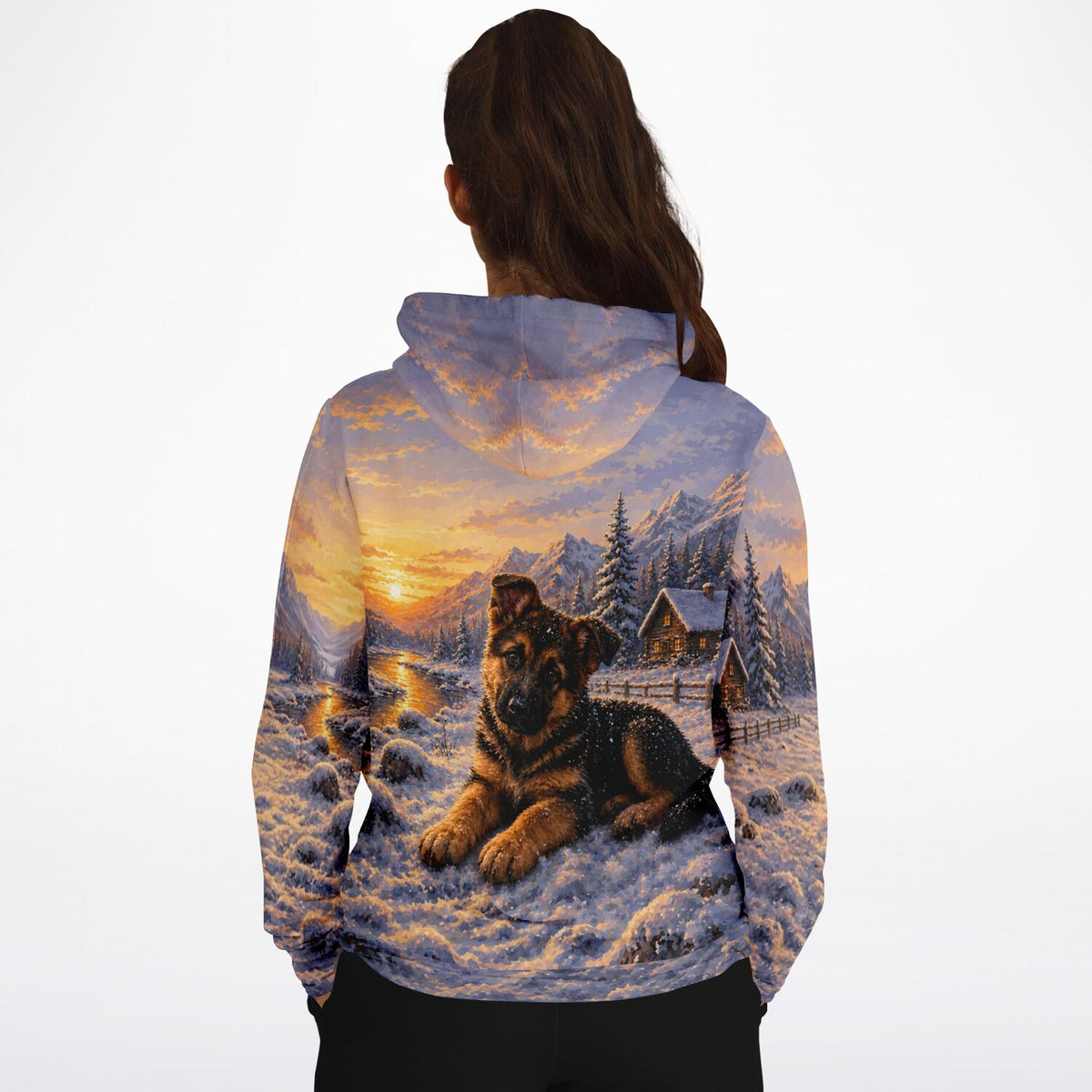 Dreamer Hoodie mit Motiv Lokis erster Winter: Schäferhund-Welpe im Schnee, inspiriert von Diamond Painting Kunstwerken
