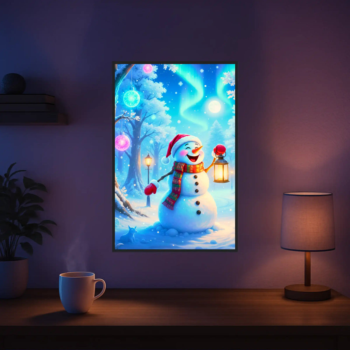 Diamond Painting Set Miyuki im winterlichen Wald mit Schneemann, Laterne und Nordlichtern als magisches Weihnachtsmotiv